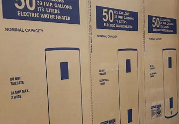 Trade Plumbing/HVAC Rheem water heaters in boxes at Hajoca Stroudsburg